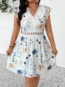SHEIN Frenchy Plus Size Casual Vacation Floral Lace Patchwork Dress,Summer Outfits For Women - Multicolor - View 1