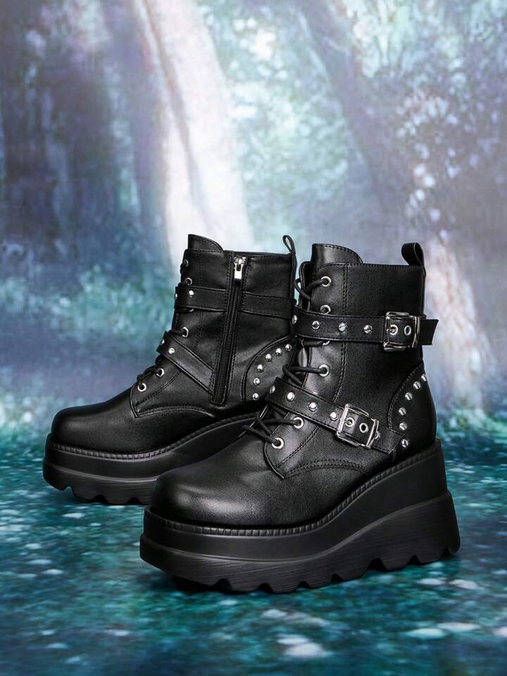 Our Goth Buckle & Studded Decor Lace-Up Front Zipper Side Wedge