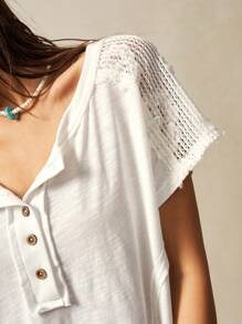 Bohemela Áo thun Henley tay ngắn dáng rộng thoải mái cho nữ - Màu be - Xem 5