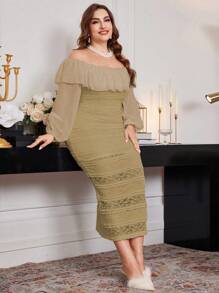 Modelyn Plus Size Women Elegant Off-Shoulder Ruffle Textured Knit Party Dress, Elegant, Fitted Dresses Maxi Women Outfit Long Evening Dresses - Khaki - View 6