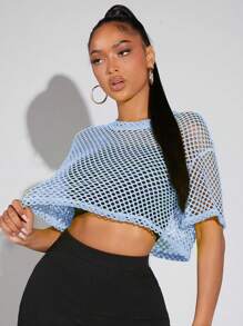 SHEIN SXY Damen Mesh einfarbig Kurzarm Rundhals Modische Oberteile, geeignet für den Sommer