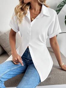 Chiquease 女士优雅通勤休闲日常短袖褶皱白色衬衫 - 白色 - 查看 6