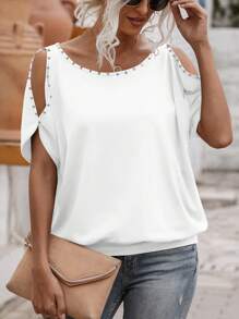 SHEIN LUNE Casual Solid Color Rhinestone Decor Off Shoulder T-Shirt, Summer - White - View 5