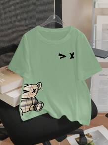 SHEIN PETITE T-shirt à manches courtes décontracté et douillet pour femme, imprimé à carreaux et d'ours, confortable pour le port à la maison, printemps/été - Vert menthe - Voir 8