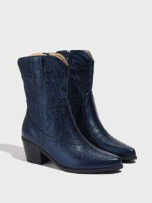 Daringsoles Women's Pointed Toe High Heel Western Style Ankle Boots For Christmas - Blue - View 3