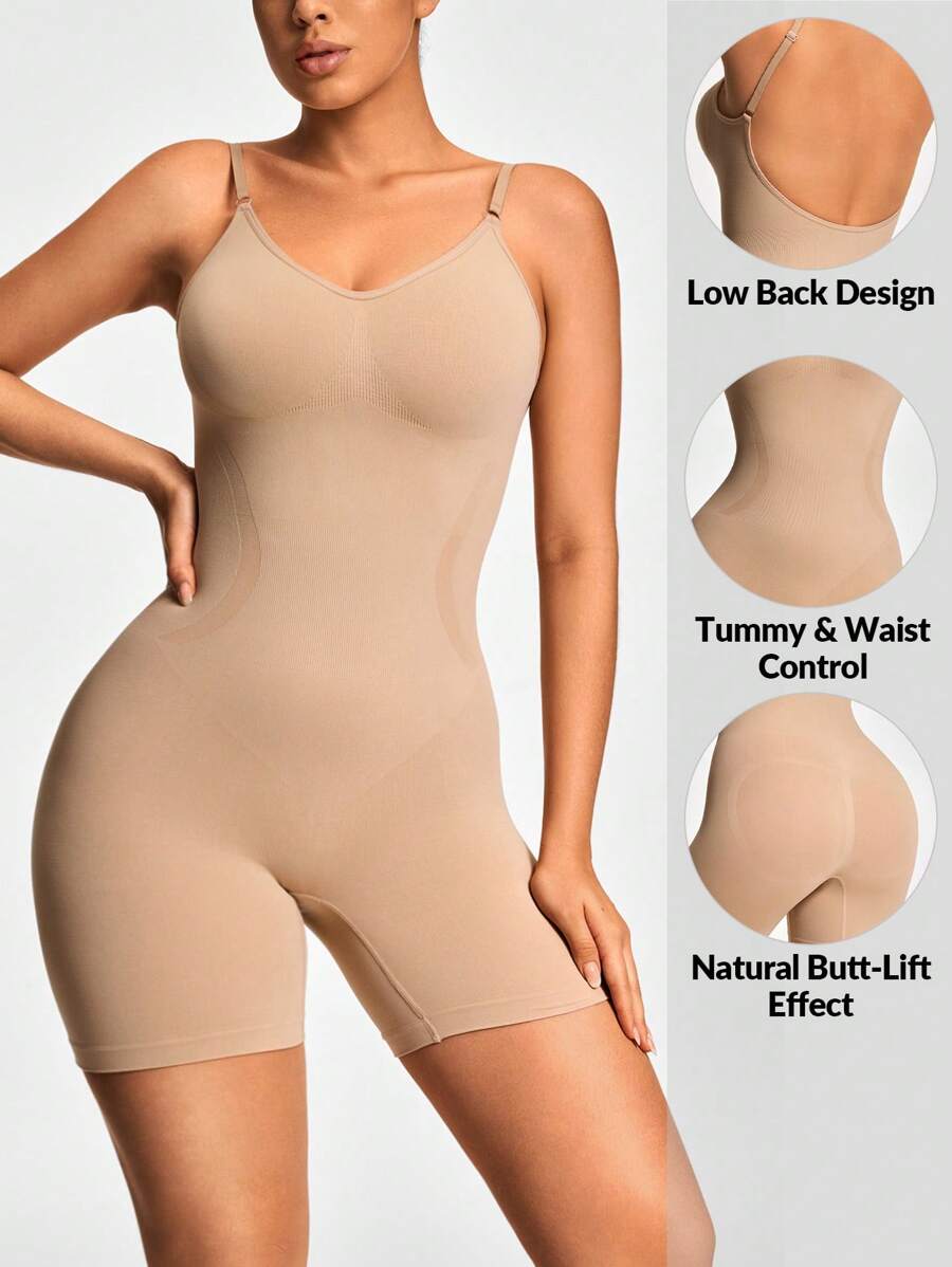 SHAPORA Seamless Low Back Mid Thigh Bodysuit Shapewear Body Shaper Bust&Butt Lifter -Tummy Waist Control - Apricot - View 1