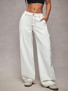 SHEIN ICON White Contrast Stitching Low Waist Utility Pockets Washed Denim Jeans - White - View 3