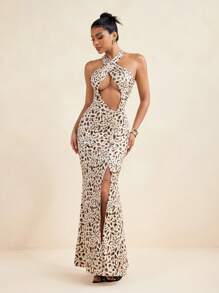 LUNA B Leopard Print Cut Out Sleeveless High Sexy Slit Cross Halter Neck Maxi Dress Party Summer Women Maxi Dress - Multicolor - View 7