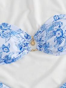 Swim Mod 2pcs Summer Beach Holiday Strapless Cropped Top With Circle Pendant Decor & Bikini Set