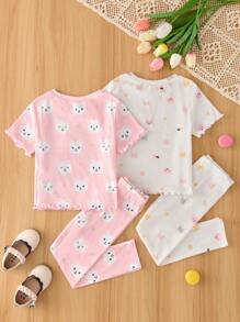 Young Girl 4 Pcs Cartoon Cat & Bow Pattern Round Neck Ruffle Trim Short Sleeve Top And Pants Soft Comfortable Pajama Set - Baby Pink - View 2