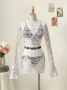 SHEIN MOD 圆领喇叭袖蕾丝海滩罩衫，带低胸后背 - 白色 - 查看 2