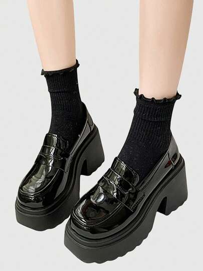 Goth 2023 Thick-Soled Black Brogue Shoes For Women, British Style, Fashionable High-Heeled Shoes Fall New Year Holiday Valentines Spring Shoes