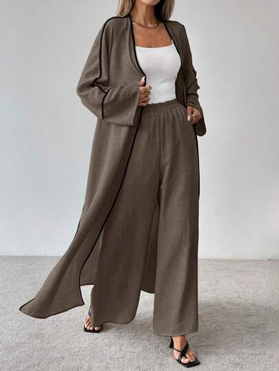 SHEIN Clasi Women's Elegant Casual Business Commuting 2Pcs Set, Loose Long Sleeve Round Neck Contrast Trim Jacket And Solid Color Wide Leg Pants Fall Cloth For Women