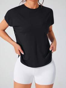 SHEIN Sport Studio See-Through Flocked Mesh Patchwork Short Sleeve Sports T-Shirt