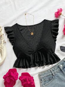Soleia Eyelet Embroidery Ruffle Trim Crop Top - Black - View 1