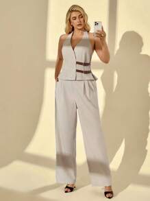 Auralis Ensembles d'été grande taille pour femmes. Tenues décontractées chics pour le travail. Tenues d'église pour femmes. Style vieux argent pour femmes. Tenue d'aéroport. Tenues d'enseignante pour femmes. Top dos nu ras-du-cou sexy et pantalon long 2 pièces, ensemble deux pièces d'été, pantalon ample élégant de navette décontracté avec poches, couleur unie et décoration de ceinture, ensemble deux pièces top sans manches - Nude - Voir 3