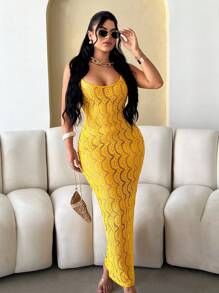SHEIN SXY 女士纯色镂空性感紧身连衣裙 - 芥末黃 - 查看 6