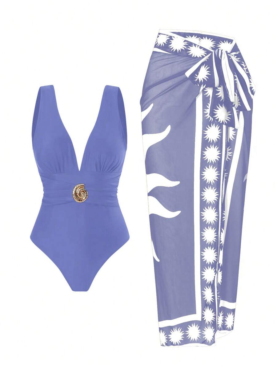 Swim Oasis 2025 女式连体泳衣，带印花网眼罩衫，海滩度假夏季休闲泳装套装