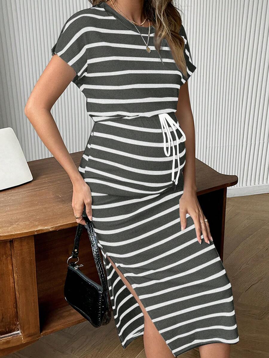 SHEIN H-Shaped Hem Drawstring Waist Dress, Fashionable For Summer, Maternity Dress - Grey - View 1