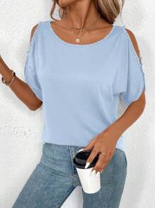 SHEIN LUNE Maglietta casual da donna a maniche corte, con spalle scoperte, di colore unito e taglio ampio