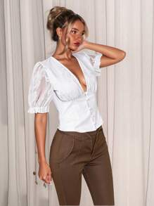 Glamine Top corto con vita arricciata, maniche a sbuffo, in stile jacquard e patchwork, per donne