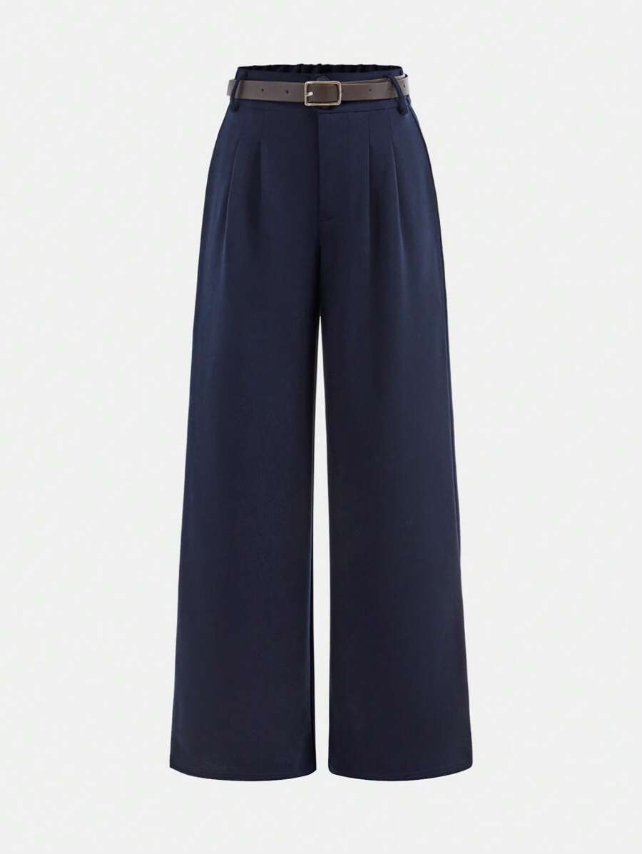 SHEIN Girlism Tween Girls' Loose Mid-Rise Versatile Elegant Belted Wide Leg Pants - Navy Blue - View 1