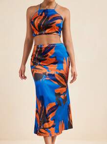 Armand Women Summer Floral Printed Satin High Waist Flared Midi Skirt, Vacation Summer - Blue - View 4