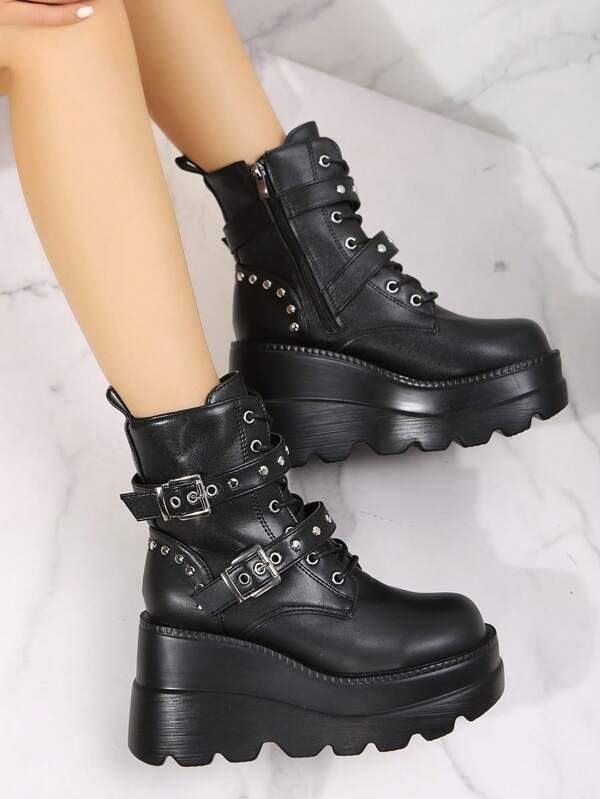 ROMWE Goth Botas de tobillo negras con plataforma gruesa, punta redonda y hebilla para mujeres, para el otoño/invierno 2024, ideales para Navidad, Año Nuevo y San Valentín