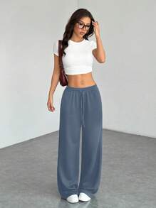 SHEIN PETITE Comfortable And Casual Solid Color Knitted Wide-Leg Women's Sweatpants - Dusty Blue - View 4