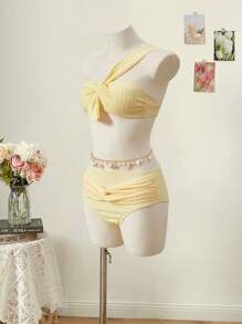 SHEIN MOD 单肩扭纹针织提花面料黄色时尚泳衣上衣 - 黃色 - 查看 7