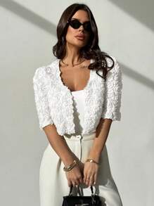 Firerie Chaqueta corta de manga corta, ligera y con textura de rosa 3D, elegante, minimalista, romántica y sofisticada para mujer, ideal para citas, ir al trabajo y vacaciones en otoño/invierno