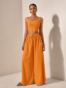 Zivah 全新夏季度假休闲鱼骨吊带上衣和阔腿裤带口袋两件套，纹理面料服装 - B - 橘色 - 查看 6