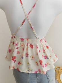 Elamini Pink Floral Print Patchwork Button Decor Sexy Backless Camisole Top, Spring/Summer - Multicolor - View 7