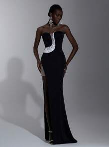 Elitara Elegant Black And White Strapless Split Fishtail Dress,Handmade Gradient Diamond Patch Soft Line Design Knitted Gown For Formal Party Wedding - Black and White - View 4