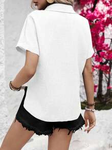 Chiquease Camisa informal de mujer con bolsillo y manga corta en estilo H - Blanco - Ver 2