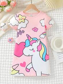 Young Girls Unicorn Print Nightgown, Made Of Soft, Smooth And Comfortable Fabric, Suitable For Casual Everyday Wear. The Overall Design Is Vibrant And Joyful, Appealing To Children With Its Playful And Kid-Friendly Theme. The Image Is Clear And Detailed, With A Colorful, Modern And Diverse Artistic Style. - Pink - View 5