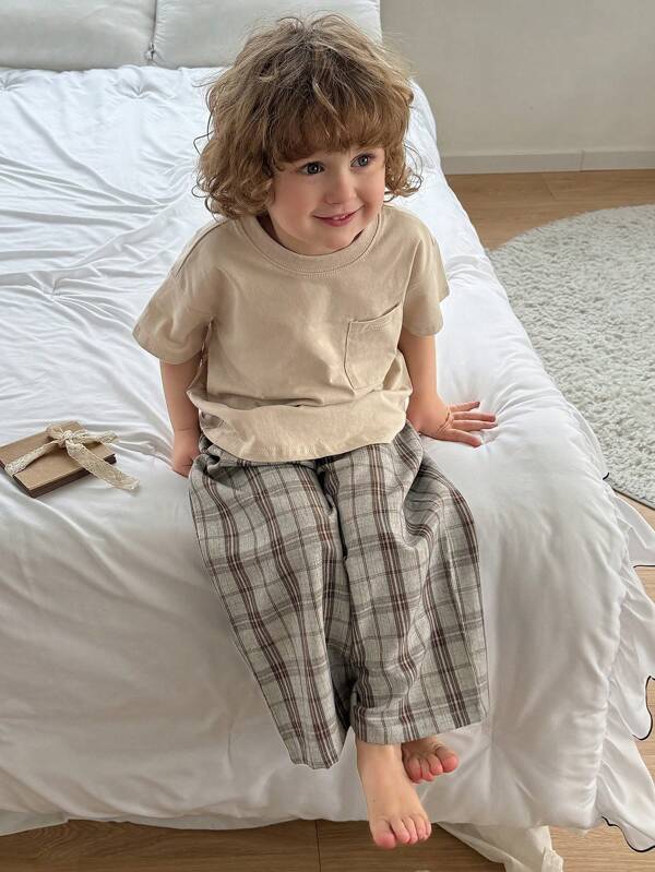 Hapijoa 2pcs/Set Toddler Boys Round Neck Solid Knit Short Sleeve T-Shirt + Woven Plaid Pants Casual Home Outfit, Spring/Summer