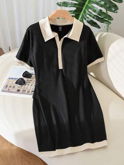 CosyJoli 大码休闲黑白撞色马球领紧身针织连衣裙