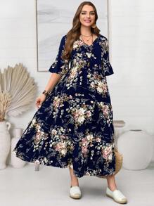 EMERY ROSE 大码休闲花卉印花荷叶边袖连衣裙，女士春季服装，热带度假女装