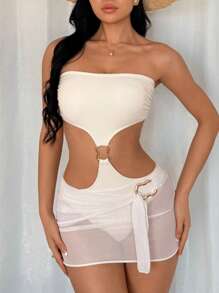 Elenzga 多件装女式时尚派对度假海滩金属装饰纯色性感抹胸式连体泳衣和可调节网眼纯色沙滩裙 2 件套 - 米色 - 查看 3