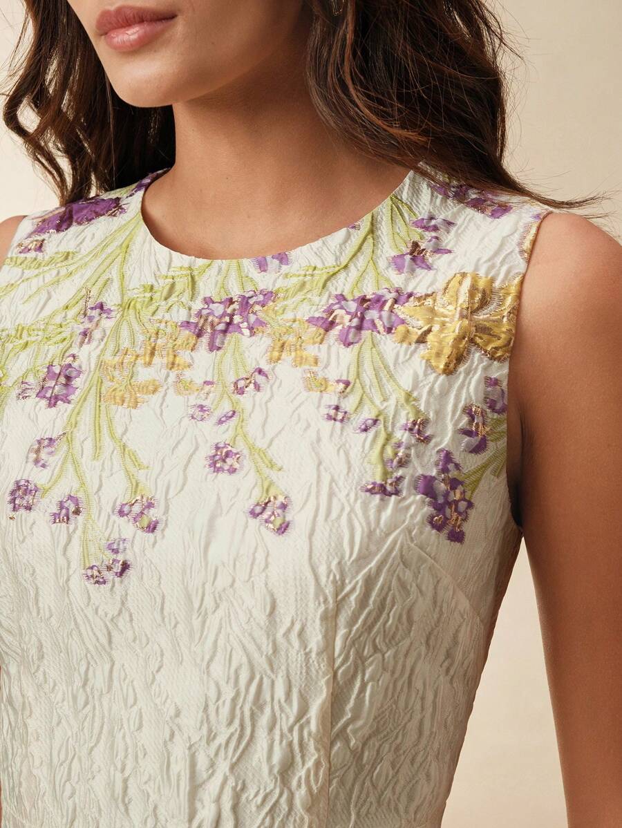 Anewsta 优雅花卉印花纹理腰部浪漫度假无袖连衣裙，适合约会、派对、情人节、夏季、新年 - 紫色 - 查看 1