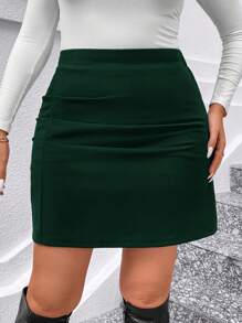 SHEIN Clasi Plus Size Black Elastic Knit Pleated A-Line Skirt, Versatile Everyday Wear - Dark Green - View 4