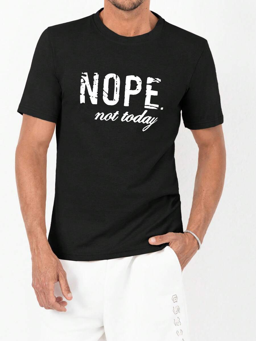 RueChic Men's Letter Print Round Neck Short Sleeve Casual Versatile T-Shirt - Black - View 1