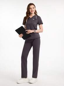 Scrubzie Solid Color V-Neck Scrub Top With Pocket And Pants, Scrub Uniform Set - Dark Grey - View 7