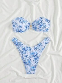 Swim Mod 2pcs Summer Beach Holiday Strapless Cropped Top With Circle Pendant Decor & Bikini Set