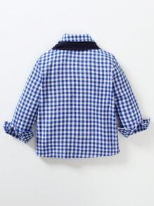 SHEIN 2 件套年轻男孩蓝白条纹领长袖休闲衬衫和蓝色针织围巾，适合春秋季外出 - 藍色 - 查看 2