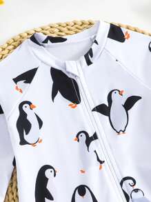 SHEIN 6-9 个月婴儿/宝宝长袖泳衣，可爱螃蟹卡通印花连体泳衣 - 彩色 - 查看 3