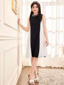 Vestido holgado de punto de cuello redondo elegante con parches plisados para adolescentes