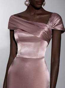 Elitara 优雅浪漫复古粉色缎面弹力面料露肩收腰美人鱼连衣裙，适合约会、生日派对、度假、婚礼、伴娘 - 藕粉色 - 查看 7