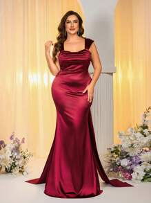 SHEIN Belle Plus Size Elegant Simple Romantic Satin Ribbon Maxi Bridesmaid Dress - Burgundy - View 4
